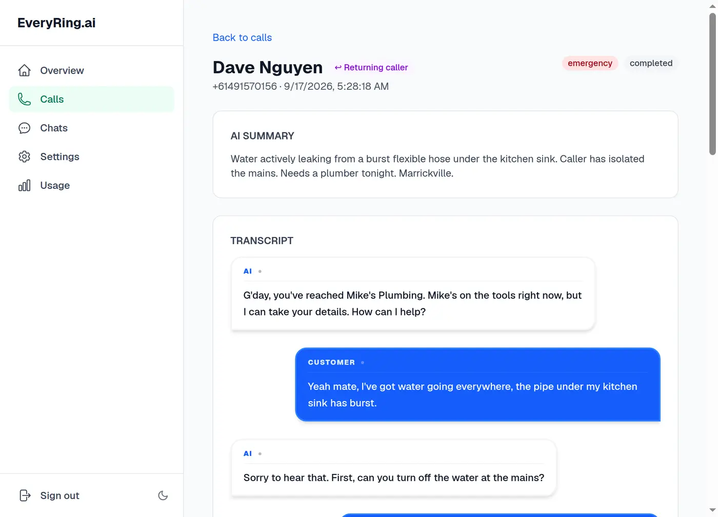 EveryRing call detail with AI summary, transcript and extracted address